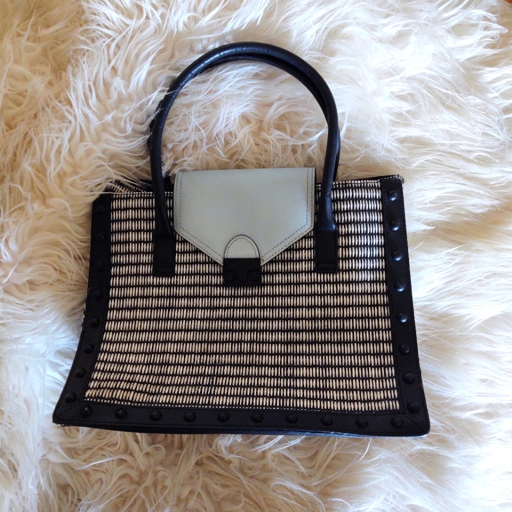 Loeffler Randall black white light blue woven studded tote